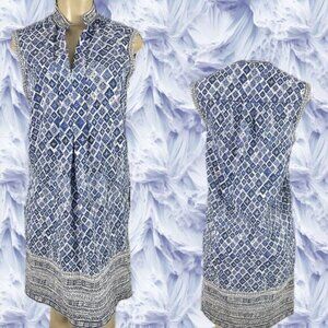 Studio M S Blue Geometric Print Split Neckline Mandarin Collar Sleeveless Dress